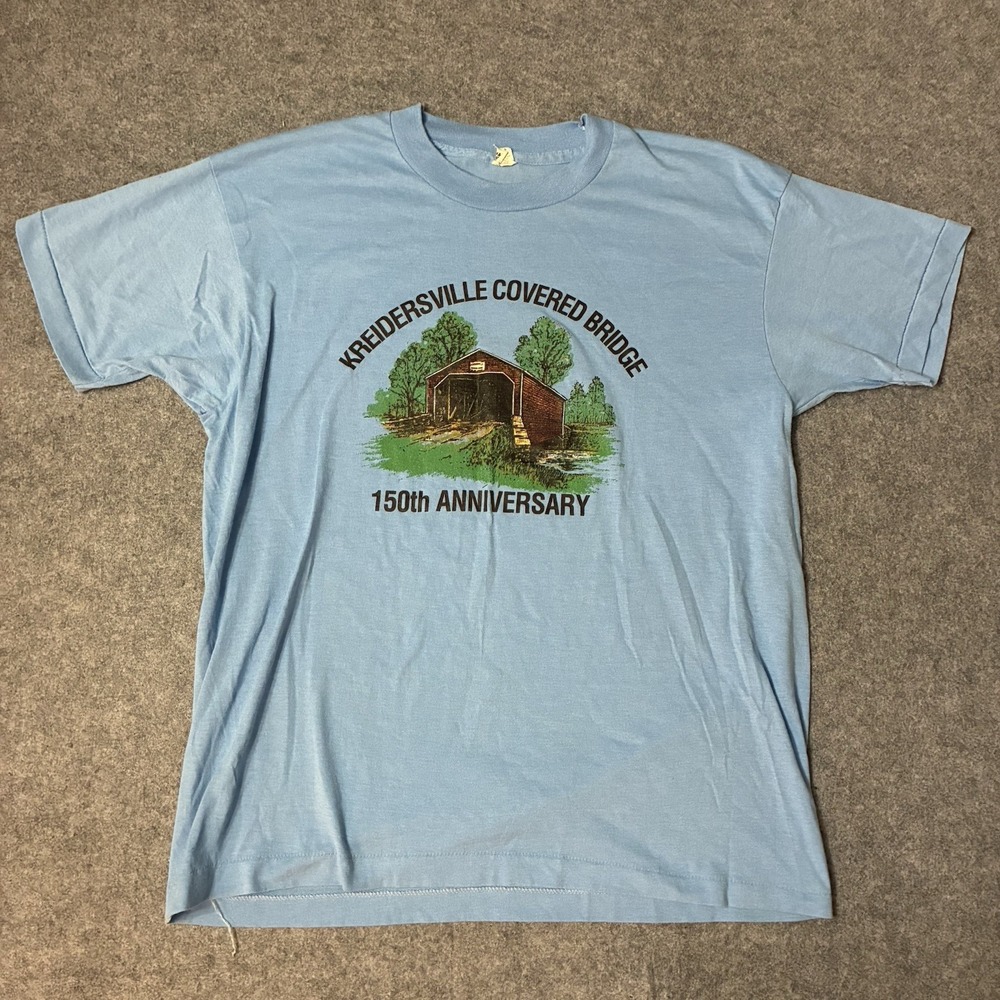 Vintage 80s Screen Stars Kreidersville Covered Bridge T-Shirt USA PA History Odd